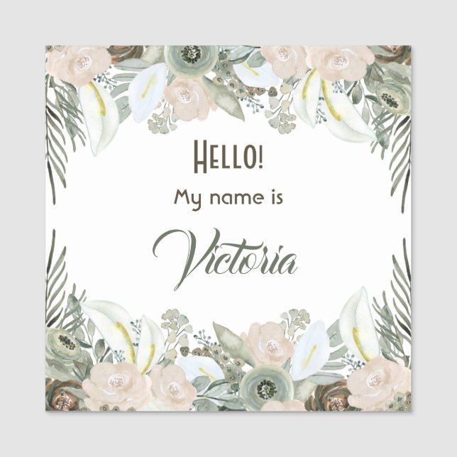 Porte-nom Fleurs d'aquarelle vert Sage Grand Carré (Devant)