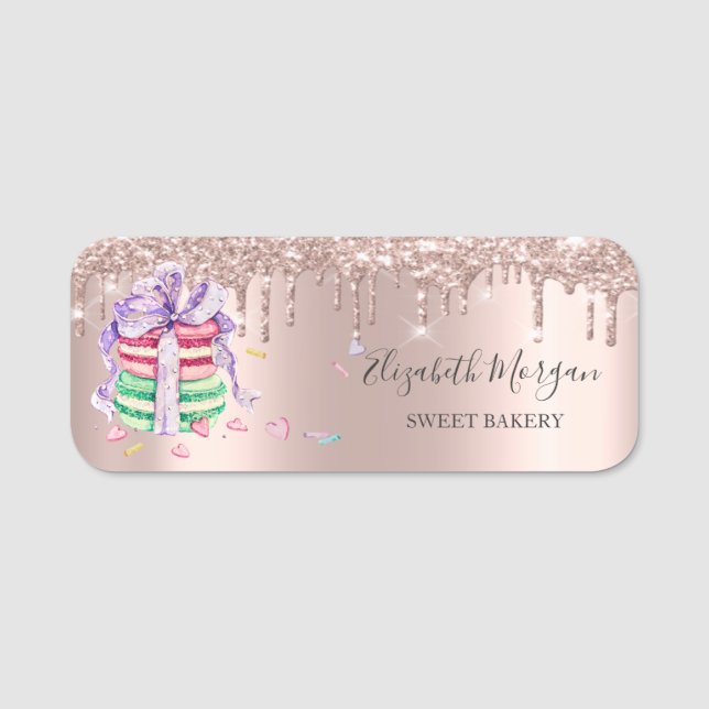 Porte-nom Gouttes de paillettes, Macarons Rose Gold (Devant)