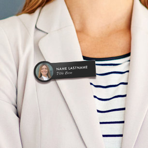 Porte-nom ID photo Simple Sleek Basic Black Business Titre