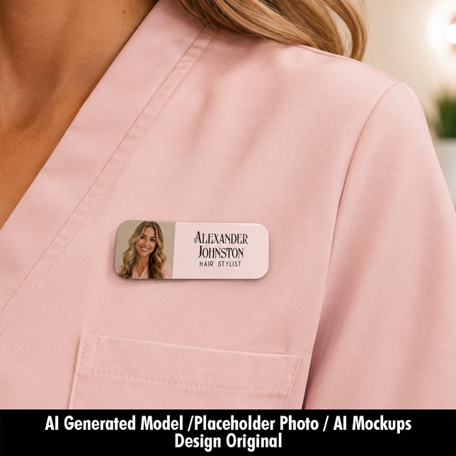 Porte-nom Identité visuelle de photographe de coiffeur Rose  (Blush Pink Hair Stylist Photo Branding Name Tag)