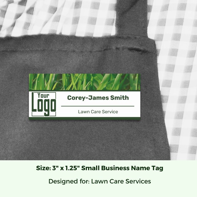 Porte-nom Image de logo de service de soin de pelouse blanc  (Lawn Care Service Logo Image White Green Name Tag; Size: 3 x 1.25 Inch)