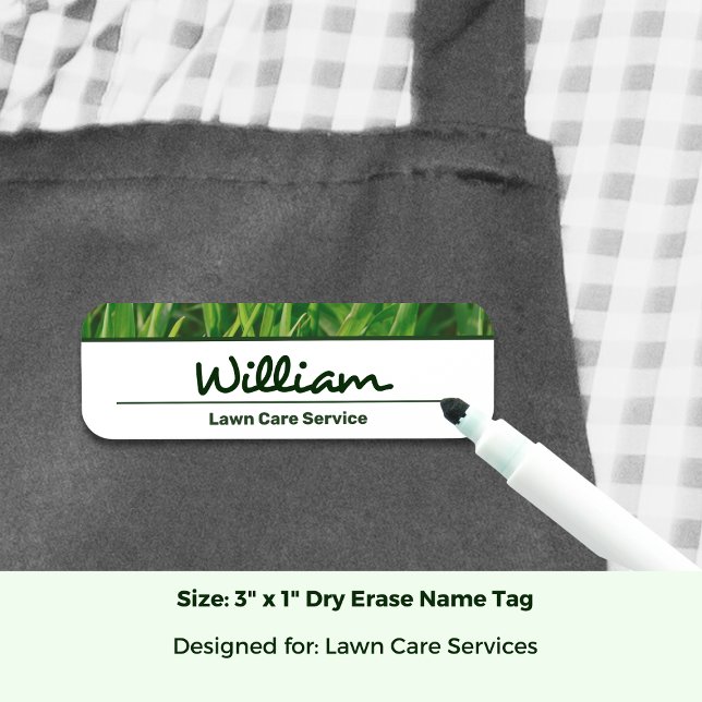 Porte-nom Image de service de soin de pelouse effaçable à se (Lawn Care Service Image White Green Dry Erase Name Tag; Size 3 x 1 Inch)