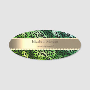 Porte-nom Imprimé élégant léopard vert, rayure, perles 