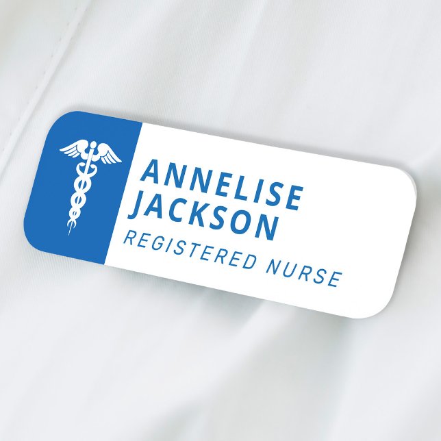 Porte-nom Infirmière diplômée logo caducée bleu nom (Créateur téléchargé)
