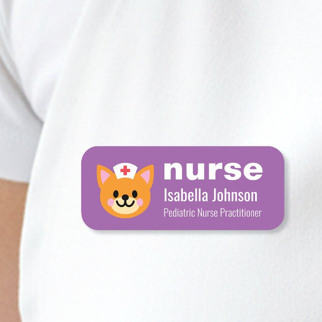 Porte-nom Infirmière Nom Personnalisé Chat Mignon Violet (Créateur téléchargé)