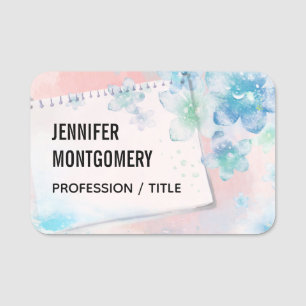 Porte-nom Jolies fleurs bleues sur Arrière - plan rose