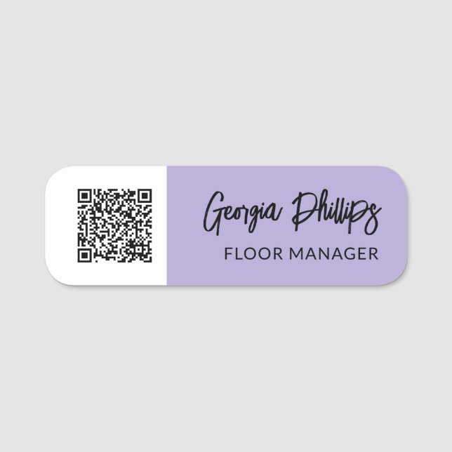 Porte-nom Lavande légère et code QR blanc - Script de brosse (Devant)