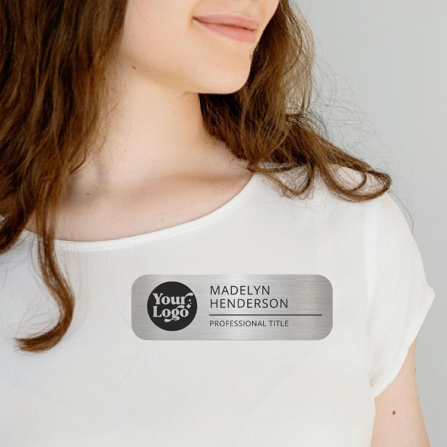 Porte-nom Logo de l'entreprise en argent métallique employé  (Créateur téléchargé)