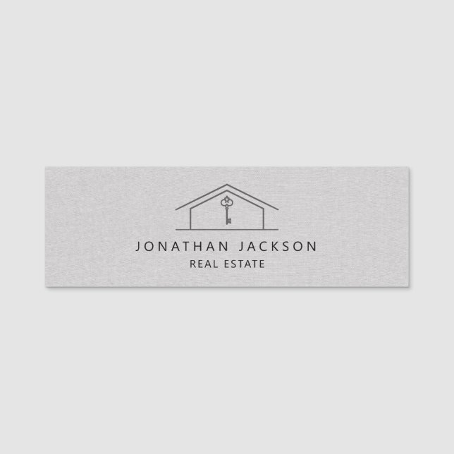 Porte-nom Logo de maison de courtier moderne gris faux lin (Devant)