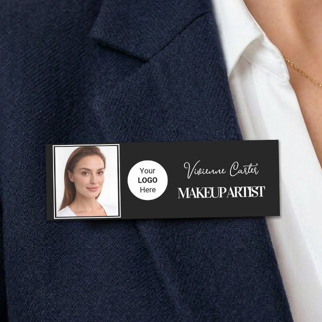 Porte-nom Logo de photo de maquillage de script noir blanc (Black White Script Logo Photo Makeup Name Tag)