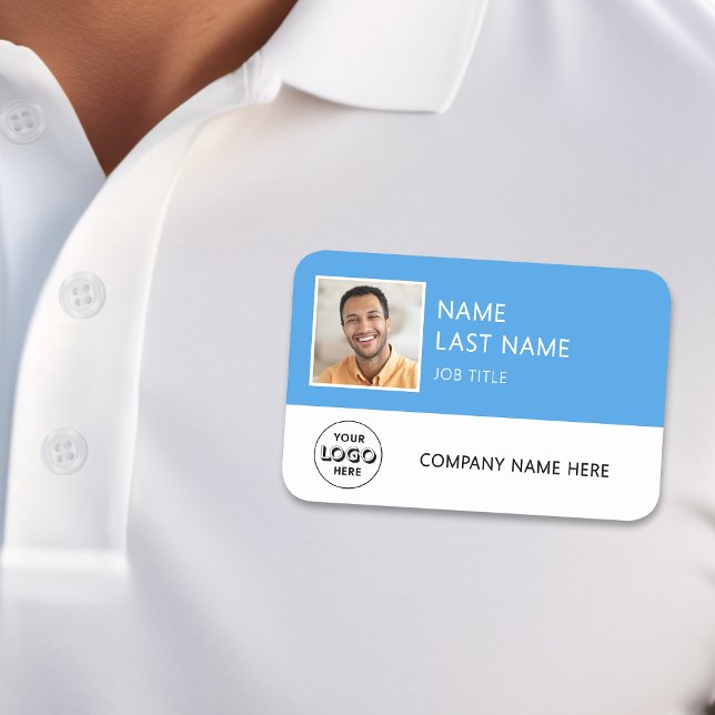 Porte-nom Logo de société simple Photo d'employé bleu clair (Créateur téléchargé)