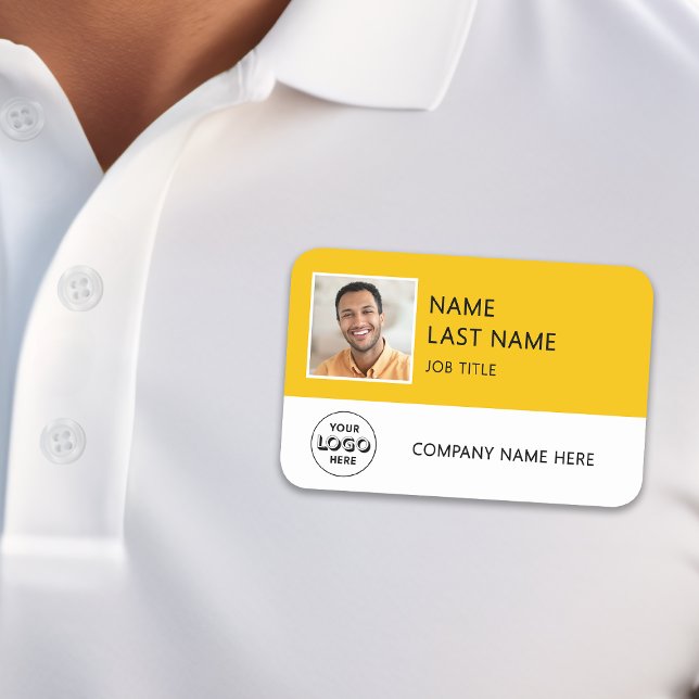 Porte-nom Logo de société simple Photo d'employé jaune (Créateur téléchargé)