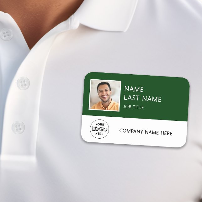 Porte-nom Logo de société simple Photo d'employé vert foncé (Créateur téléchargé)