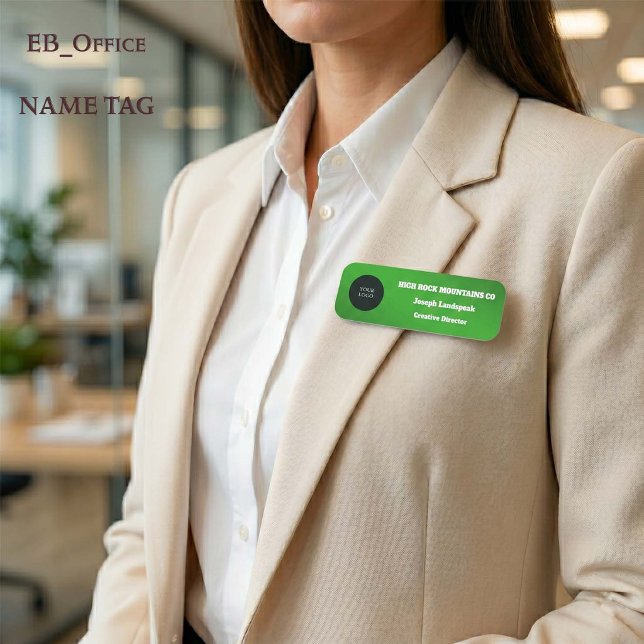 Porte-nom Logo d'employé commercial métallisé vert (Metallic Green Classic Name Tag.
Custom 3” x 1” rectangle with rounded corners for business logos.
)