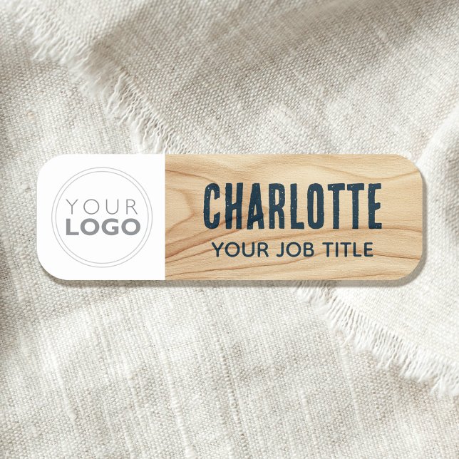 Porte-nom Logo d'employé en bois rustique bleu marqué (Créateur téléchargé)