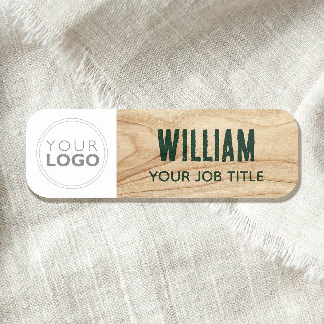 Porte-nom Logo d'employé en bois rustique vert (Créateur téléchargé)