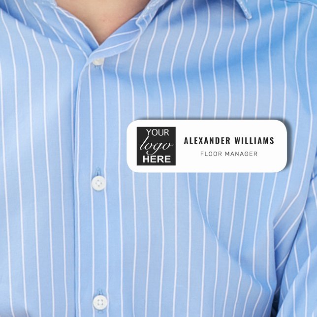 Porte-nom Logo du Carré personnalisé et nom de l'employé Tit (Custom square logo employee name and job title black and white tag Modern simple professional design)