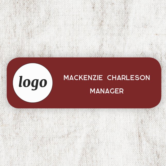 Porte-nom Logo Employé Entreprise Rouge foncé (Simple logo with custom text business branding promotional dark red burgundy name tag badge)