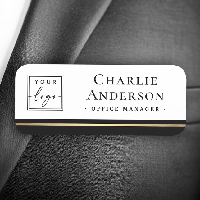 Porte-nom Logo grand nom titre noir bordure blanche élégante (Logo large name title black border white elegant name tag)