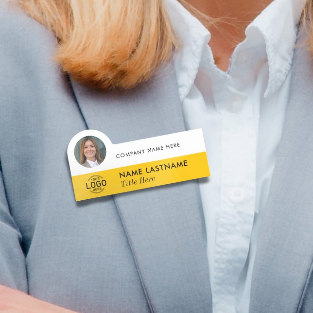 Porte-nom Logo ID photo élégant Simple Jaune Blanc Business (Créateur téléchargé)