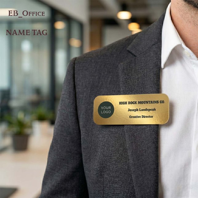 Porte-nom Logo métallisé doré pour employé d'entreprise (Gold Classic Name Tag.
Custom 3” x 1” rectangle with rounded corners for business logos.
)