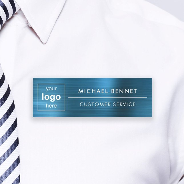Porte-nom Logo personnalisé Élégant bleu professionnel (Custom Logo Elegant Blue Professional Business Name Tag)