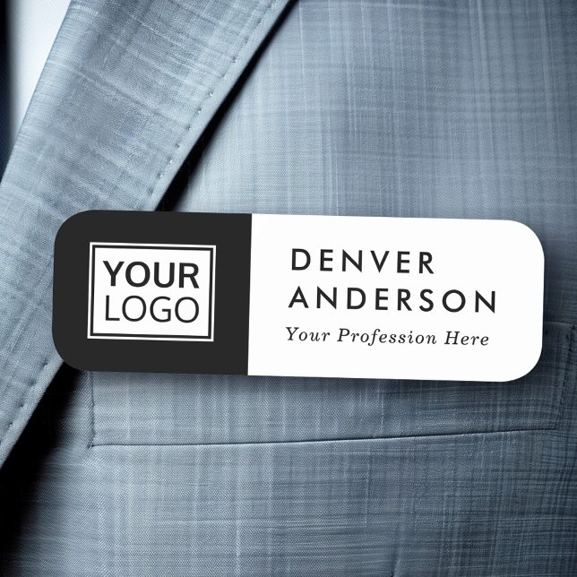 Porte-nom Logo personnalisé noir et blanc, nom et titre mode (Black and white custom logo, name and title modern name tag)