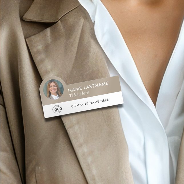 Porte-nom Logo Personnalisé Titre Photo Employé Beige Tan Bl (Créateur téléchargé)