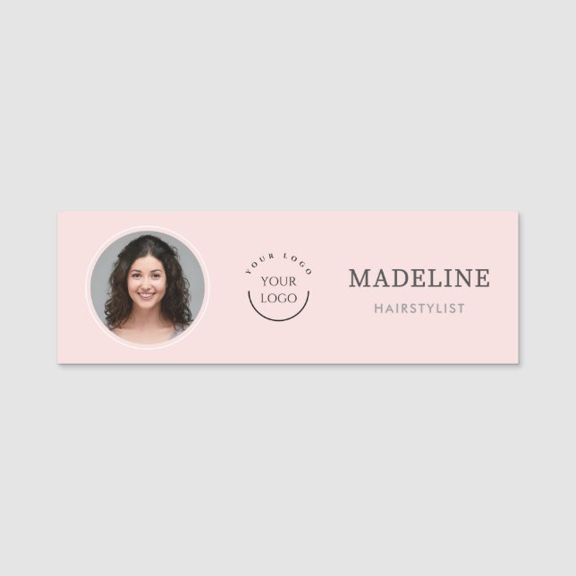 Porte-nom Logo Photo Coiffeur Rose Pâle Moderne (Devant)