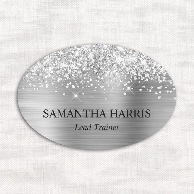 Porte-nom Logo Rectangle en Feuille d'Argent Pailleté (Glittery Silver Foil Rectangle Logo Name Tag)