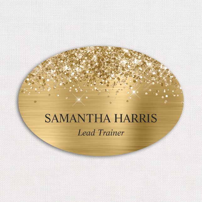 Porte-nom Logo Rectangle Pailleté en Feuille d'Or (Glittery Gold Foil Rectangle Logo Name Tag)