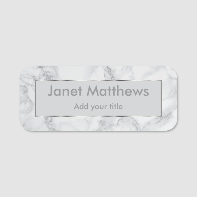 Porte-nom Marbre blanc et gris et texture argentée (Devant)