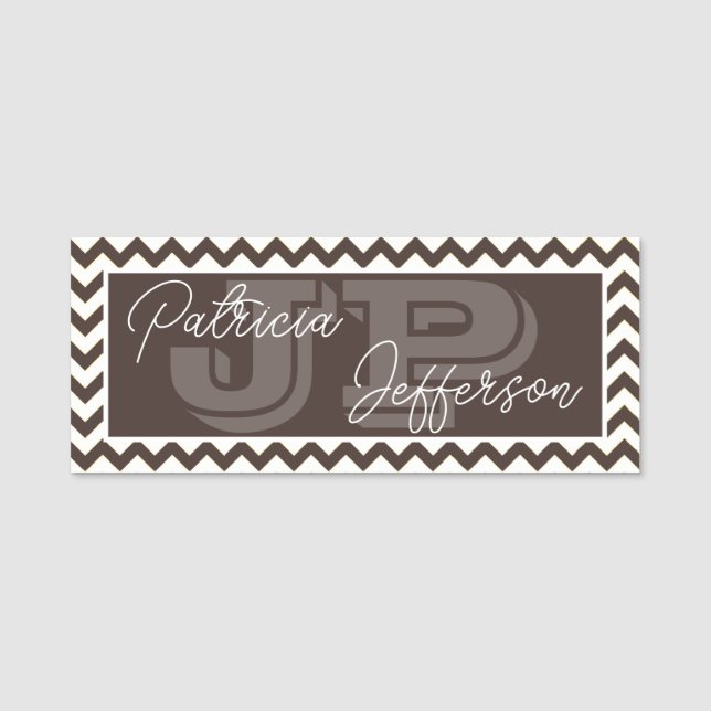 Porte-nom Marron Moka Mode Chevron Monogramme Unique (Devant)
