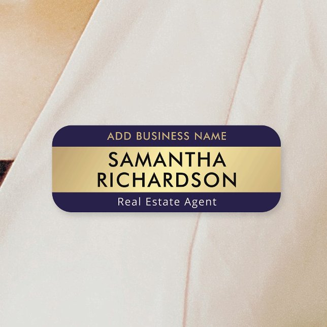Porte-nom Moderne Chic Marine & Gold Office Employé (Modern navy blue and faux gold business employee name tags with custom text and your company name)