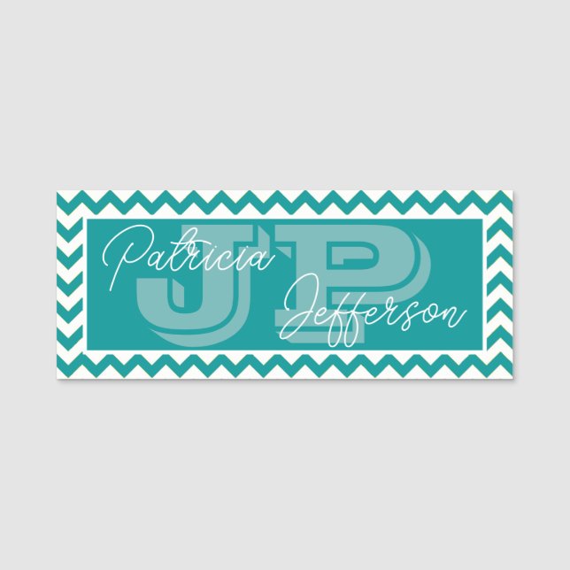 Porte-nom Moderne Monogrammed Blue-Green Turquoise Chevron M (Devant)
