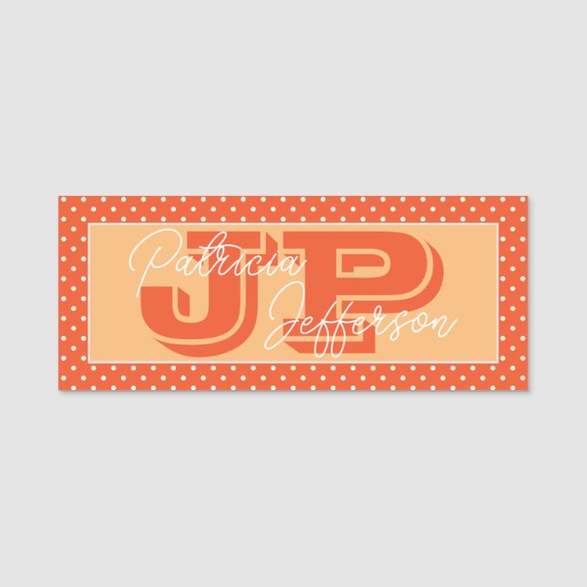 Porte-nom Monogramme à pois manuscrit jaune et orange (Devant)