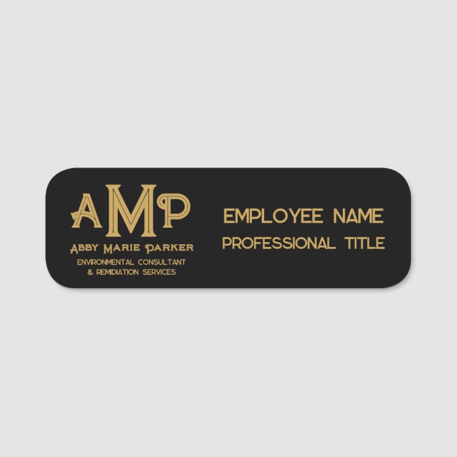 Porte-nom Monogramme de 3 lettres noir et or pour entreprise (Devant)
