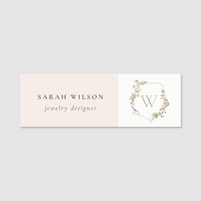 Porte-nom Monogramme initial de Fleur sauvage rose cendré (Devant)
