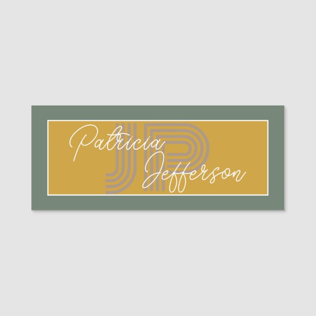 Porte-nom Monogramme manuscrit Moutarde Jaune Et Vert Sage (Devant)