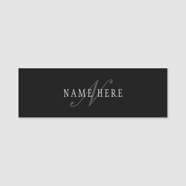 Porte-nom Monogramme personnalisable élégant | Noir Gris Bla (Devant)