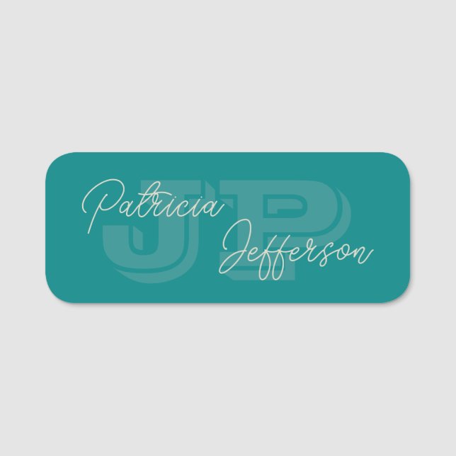 Porte-nom Monogramme Turquoise bleu vert et calligraphie man (Devant)