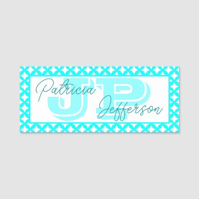 Porte-nom Monogramme unique à la bordure vert-bleu vert Aqua (Devant)