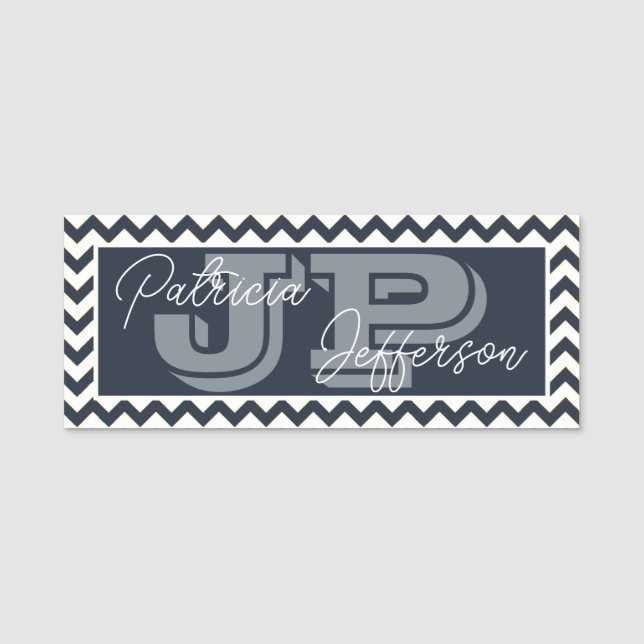 Porte-nom Motif Chevron Bleu de minuit : Élégant Monogramme (Devant)