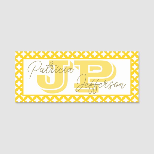 Porte-nom Motif de treillis jaune vif Monogramme Script (Devant)