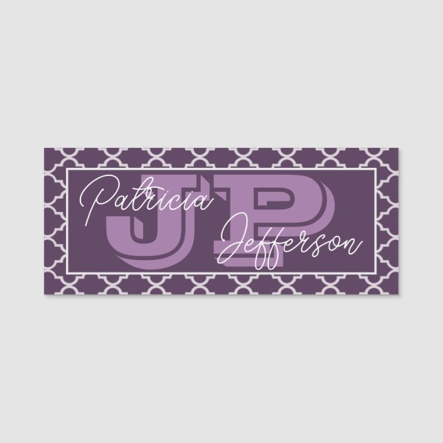 Porte-nom Motif Quatrefoil Marocain Blanc Violet : Monogramm (Devant)