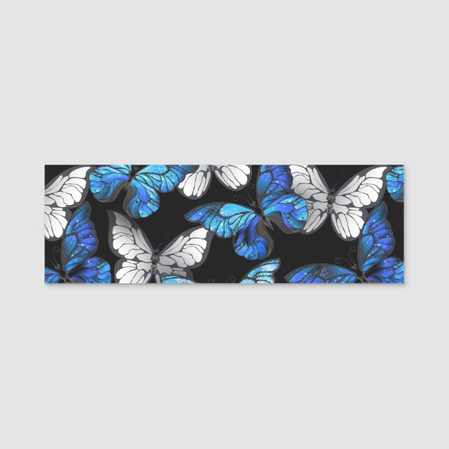 Porte-nom Motif sans couleur foncée avec papillons bleus Mor (Devant)