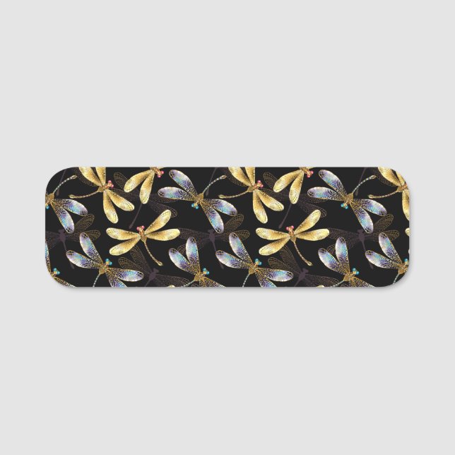 Porte-nom Motif sans couture avec libellules d'or (Devant)
