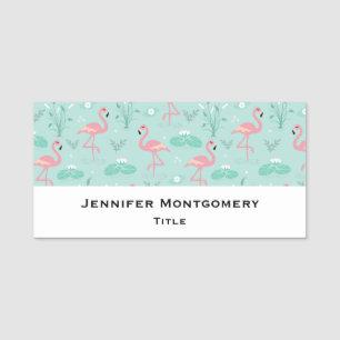 Porte-nom Motif vert Flamants roses rose Pastel