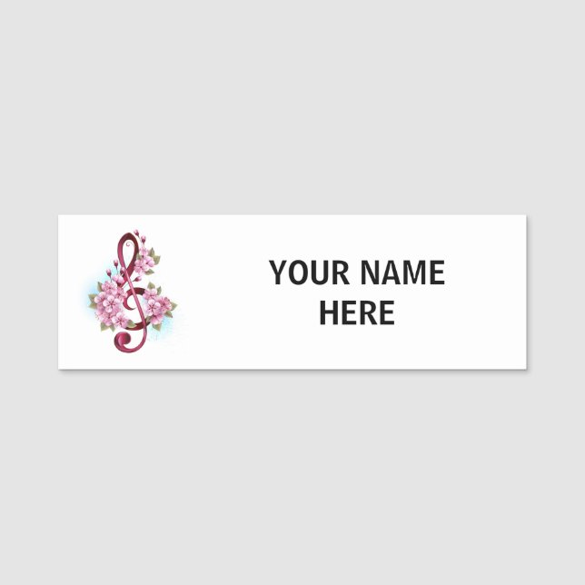 Porte-nom Musical treble clef notes with sakura flowers (Devant)