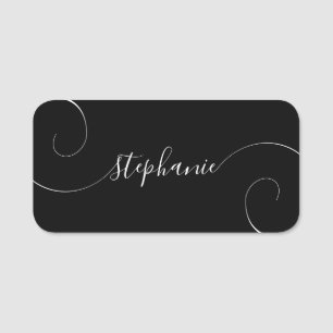 Porte-nom Noir et Blanc Écriture Élégante et Bouclée